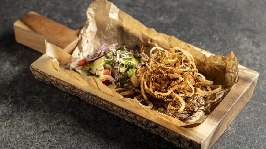 Steak lángos with crispy lyon style onion