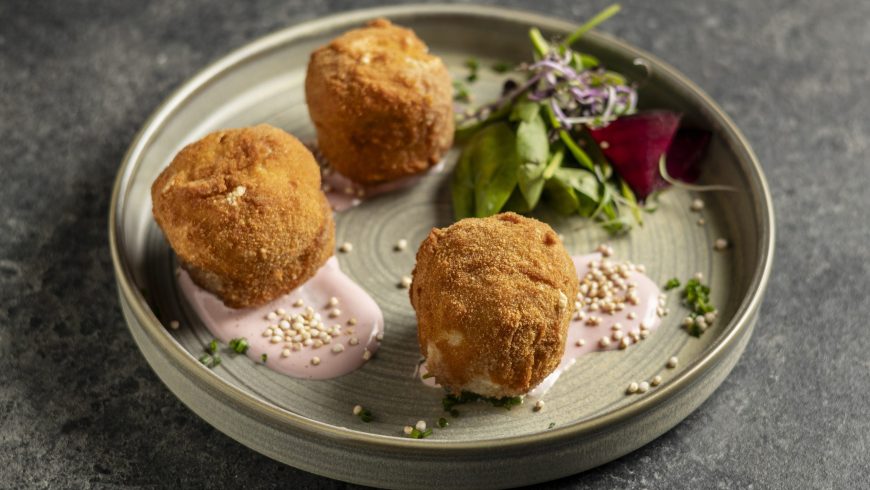 Deep fried stuffed mushroom with sheep’s cottage cheese