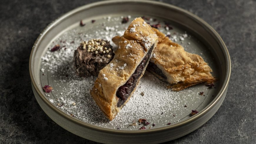 Sour cherry & poppy seed strudel with whipped plum