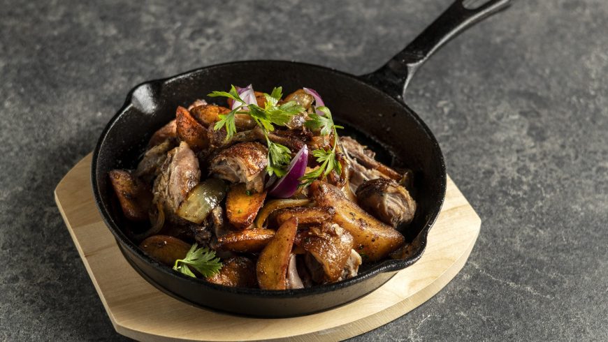 Pan roasted farmer’s pork knuckle with steak fries